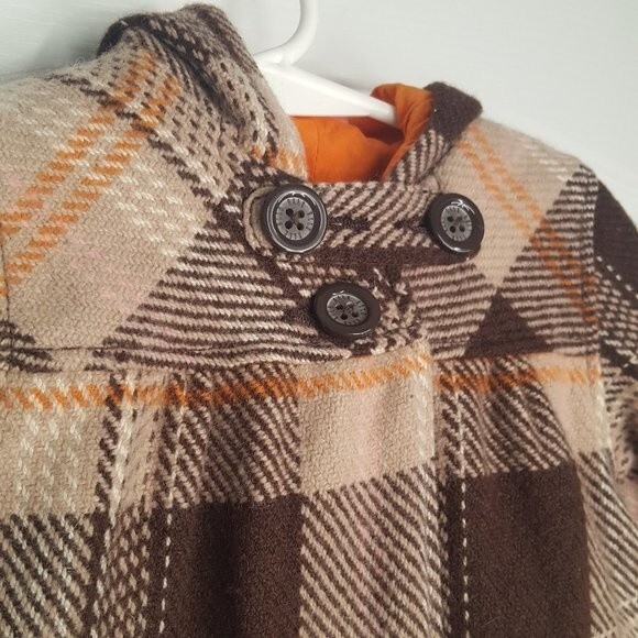 ELLE Brown Plaid Winter Coat Hood Vintage Style Retro - Picture 3 of 8